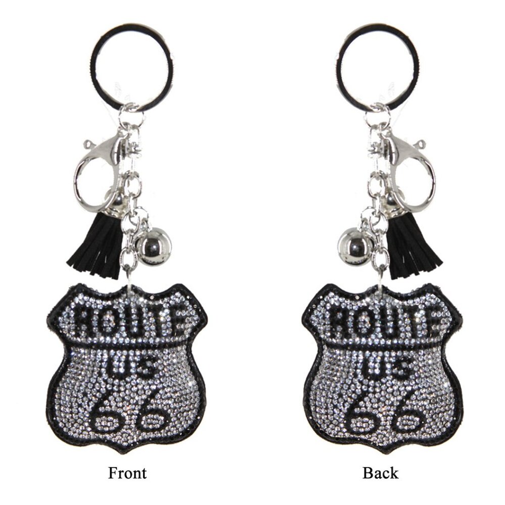 Route 66 Double Sided Rhinestones Keychain Charm for Purse and Backpack